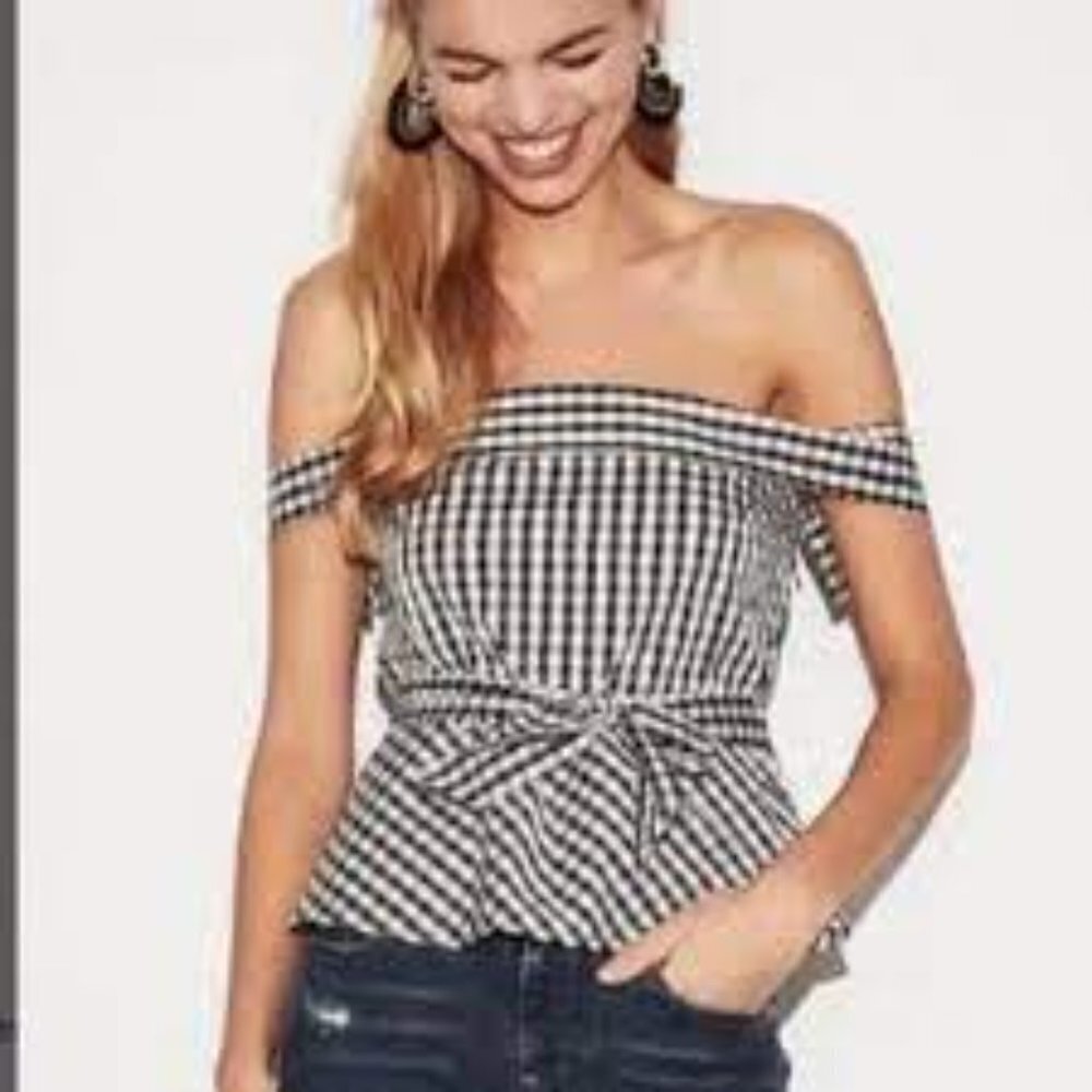 Express Black and White Gingham Off-Shoulder Blouse